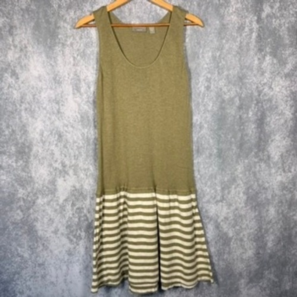 vkoo Drop Waist Dress Women Large Olive Green Striped Knit Cotton Sleeveless